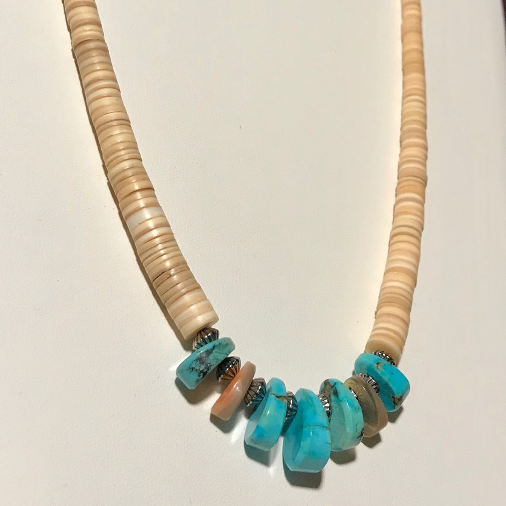 Shell, turquoise and sterling silver bead necklace